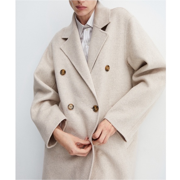 MANGO Oatmeal Neutral Cream Oversized Wool Coat Double Breasted Wool Trench Coat - Picture 5 of 17